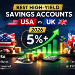 Best High Yield Savings Accounts 2026 USA vs UK comparison with 5% interest rate growth chart and piggy banks