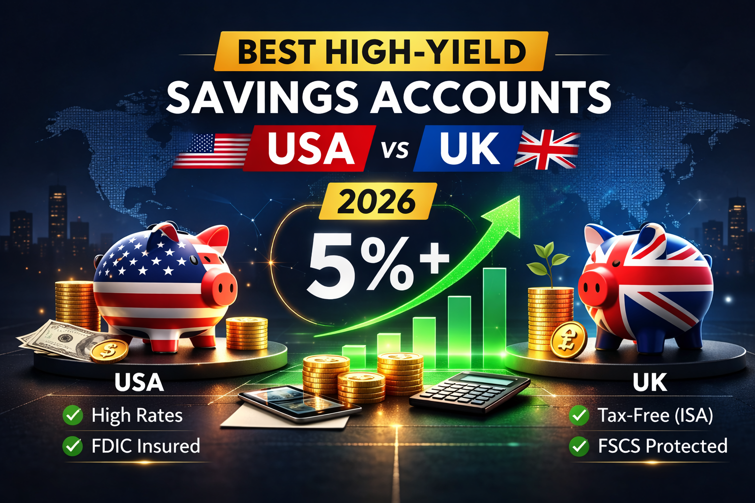 Best High Yield Savings Accounts 2026 USA vs UK comparison with 5% interest rate growth chart and piggy banks